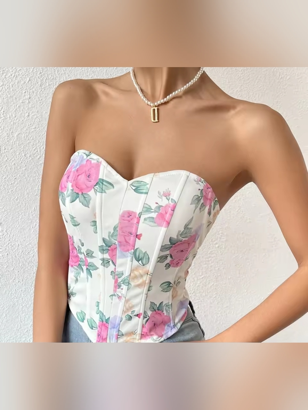 Strapless Floral Corset Top in White and Pink